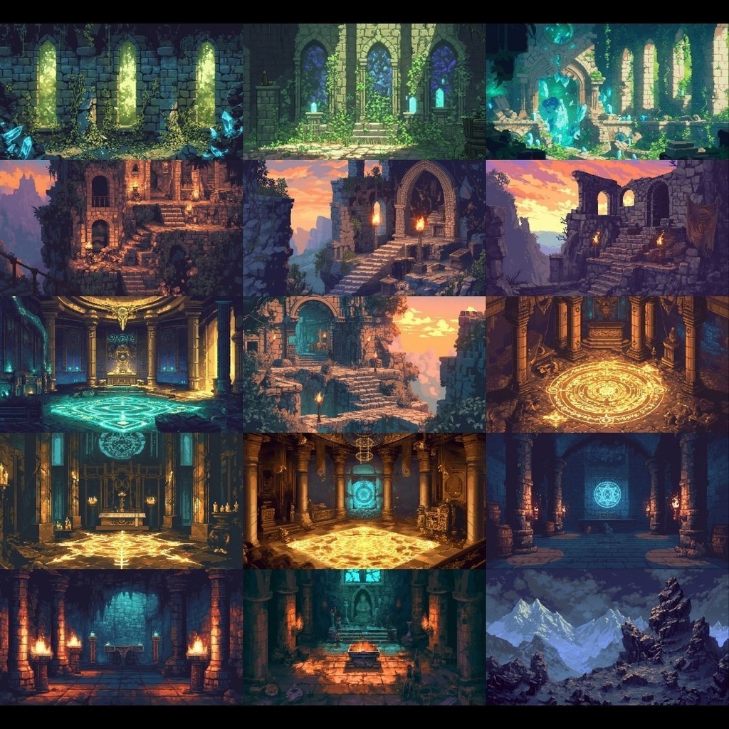 【背景素材】 ダンジョン ドット絵風 380枚|洞窟•祭壇•通路•入り口•村•牢獄•村•神殿•宝石庫•墓•部屋etc(TRPG, マダミス, ココフォリア, ゲーム)