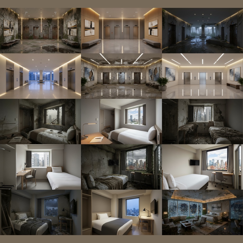 【背景素材】 ホテル差分 廃墟化 112枚|屋内プール・スイートルーム・カフェ・外観・バー・廊下・ホテル客室etc(TRPG, マダミス, ココフォリア, ゲーム)