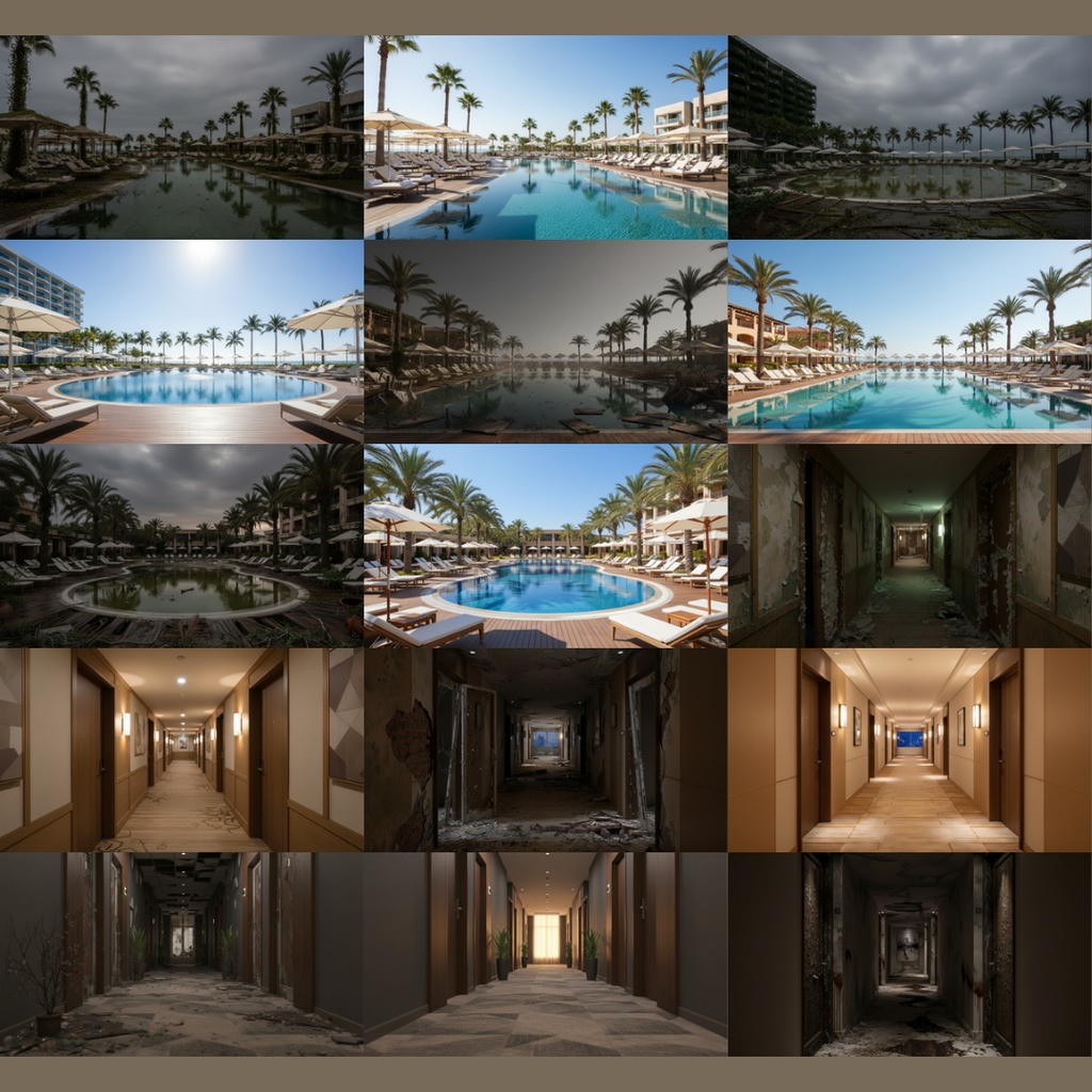 【背景素材】 ホテル差分 廃墟化 112枚|屋内プール・スイートルーム・カフェ・外観・バー・廊下・ホテル客室etc(TRPG, マダミス, ココフォリア, ゲーム)