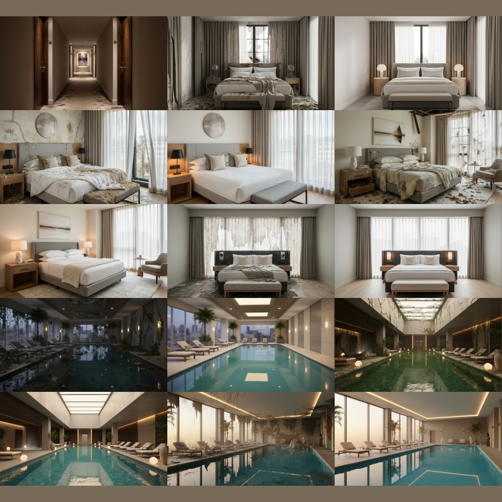 【背景素材】 ホテル差分 廃墟化 112枚|屋内プール・スイートルーム・カフェ・外観・バー・廊下・ホテル客室etc(TRPG, マダミス, ココフォリア, ゲーム)