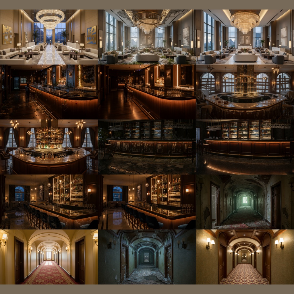 【背景素材】 ホテル差分 廃墟化 112枚|屋内プール・スイートルーム・カフェ・外観・バー・廊下・ホテル客室etc(TRPG, マダミス, ココフォリア, ゲーム)