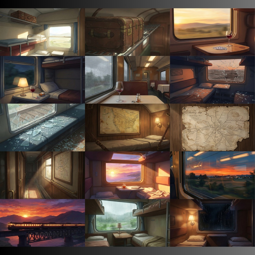 【背景素材】 寝台列車 120枚|客室•廊下•機関室•ベッド•手紙•外観•貨物室etc(TRPG, マダミス, ココフォリア, ゲーム)