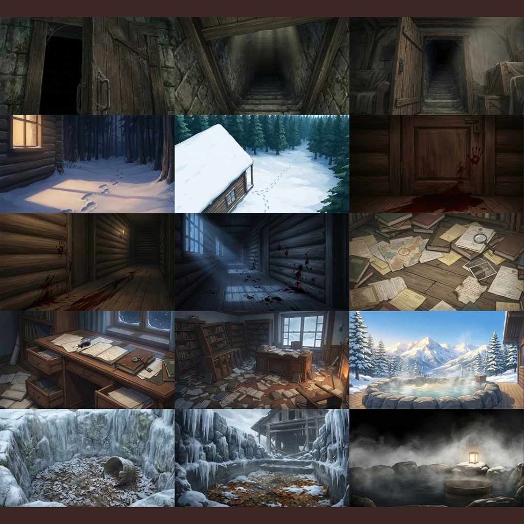 【背景素材】 雪山の山荘 124枚|個室・廊下・露天風呂・キッチン・ロビー etc(TRPG, マダミス, ココフォリア, ゲーム)