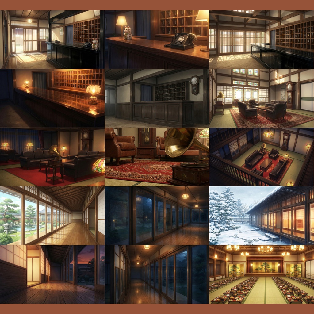 【背景素材】レトロな温泉旅館 111枚|客室・廊下・共有スペース・娯楽遊戯エリア・温泉街・周辺環境 etc(TRPG, マダミス, ココフォリア, ゲーム)