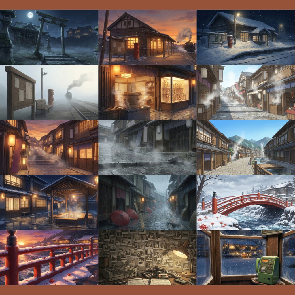 【背景素材】レトロな温泉旅館 111枚|客室・廊下・共有スペース・娯楽遊戯エリア・温泉街・周辺環境 etc(TRPG, マダミス, ココフォリア, ゲーム)