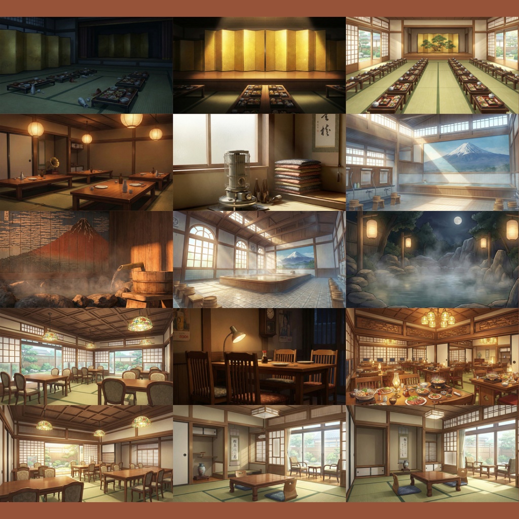 【背景素材】レトロな温泉旅館 111枚|客室・廊下・共有スペース・娯楽遊戯エリア・温泉街・周辺環境 etc(TRPG, マダミス, ココフォリア, ゲーム)