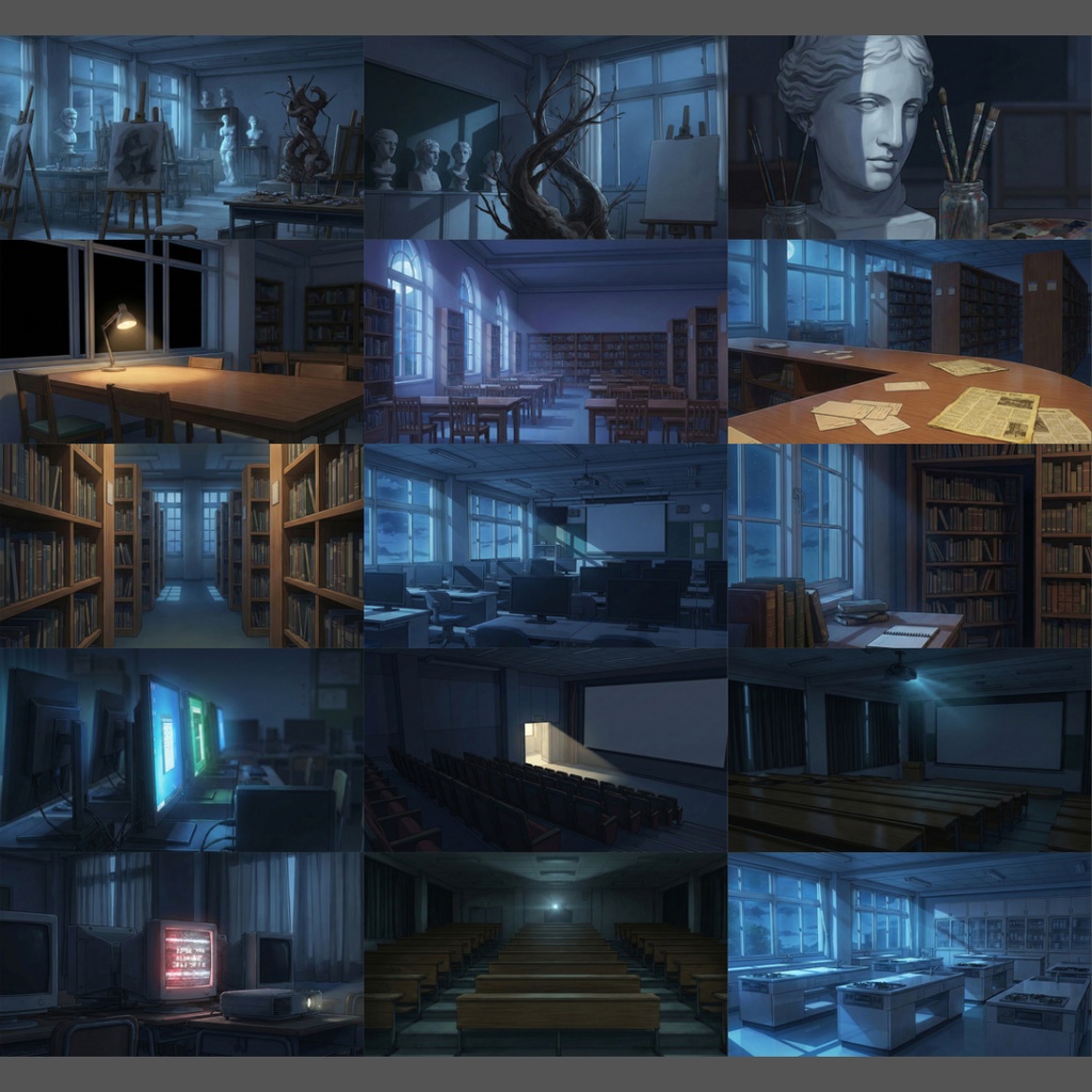 【背景素材】 深夜の学校 119枚|体育館・教室・教員室・廊下・理科室・美術室・音楽室・トイレetc(TRPG, マダミス, ココフォリア, ゲーム)