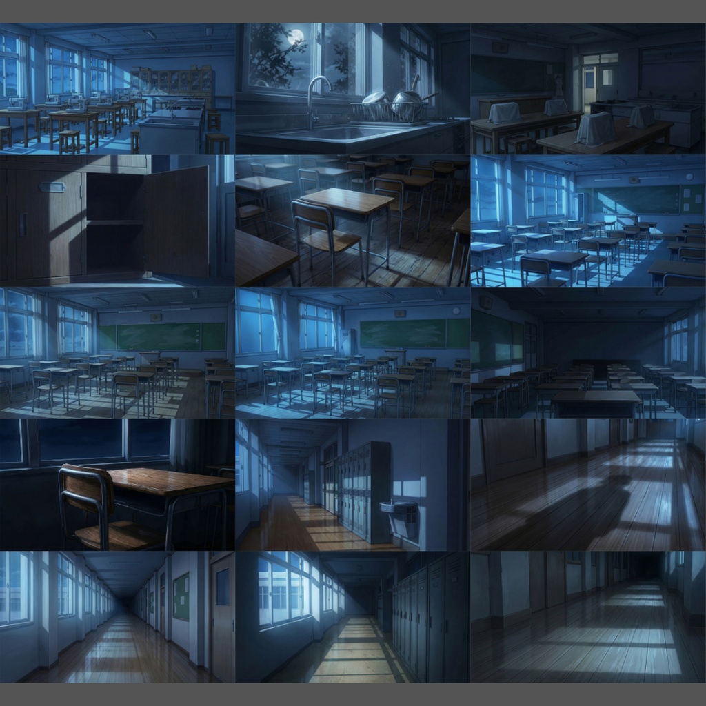 【背景素材】 深夜の学校 119枚|体育館・教室・教員室・廊下・理科室・美術室・音楽室・トイレetc(TRPG, マダミス, ココフォリア, ゲーム)