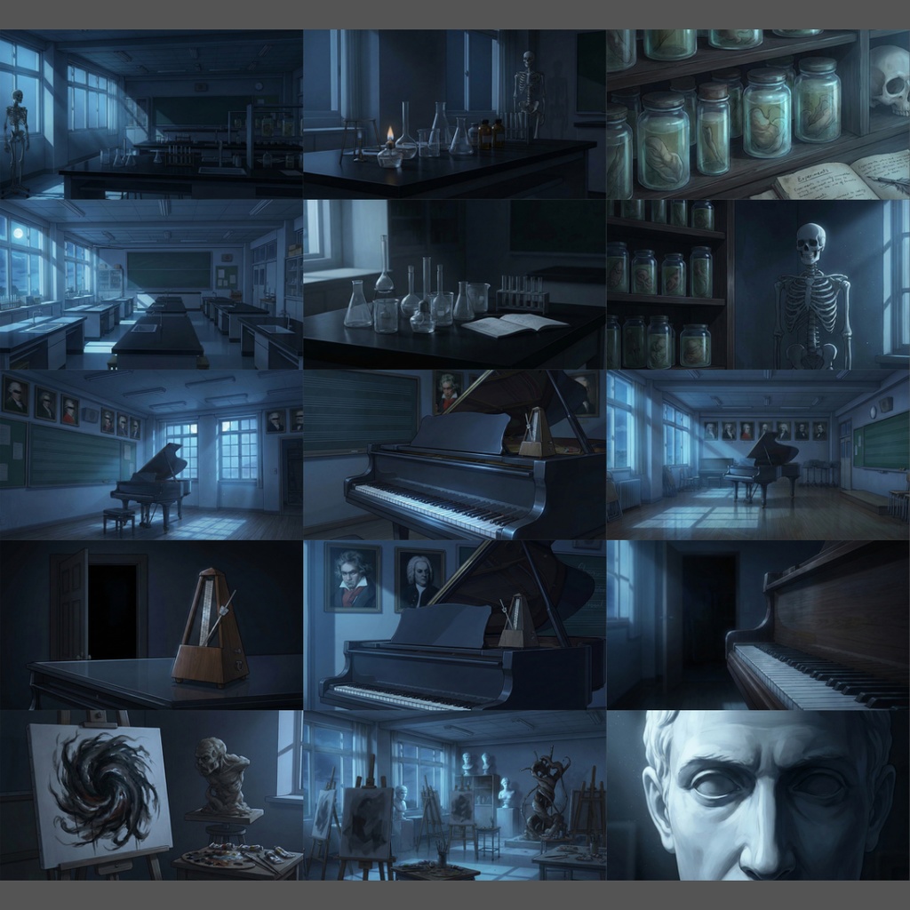 【背景素材】 深夜の学校 119枚|体育館・教室・教員室・廊下・理科室・美術室・音楽室・トイレetc(TRPG, マダミス, ココフォリア, ゲーム)