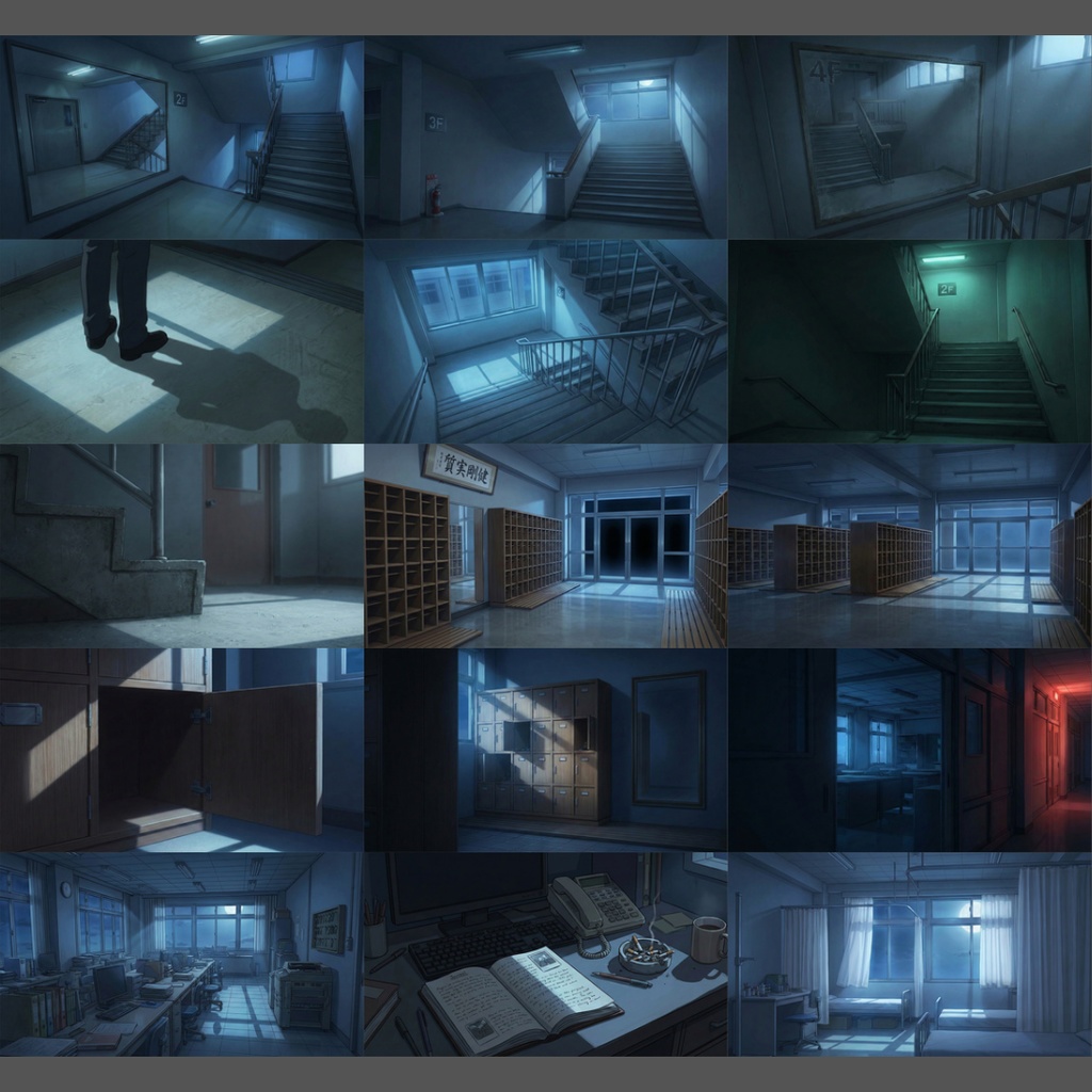 【背景素材】 深夜の学校 119枚|体育館・教室・教員室・廊下・理科室・美術室・音楽室・トイレetc(TRPG, マダミス, ココフォリア, ゲーム)