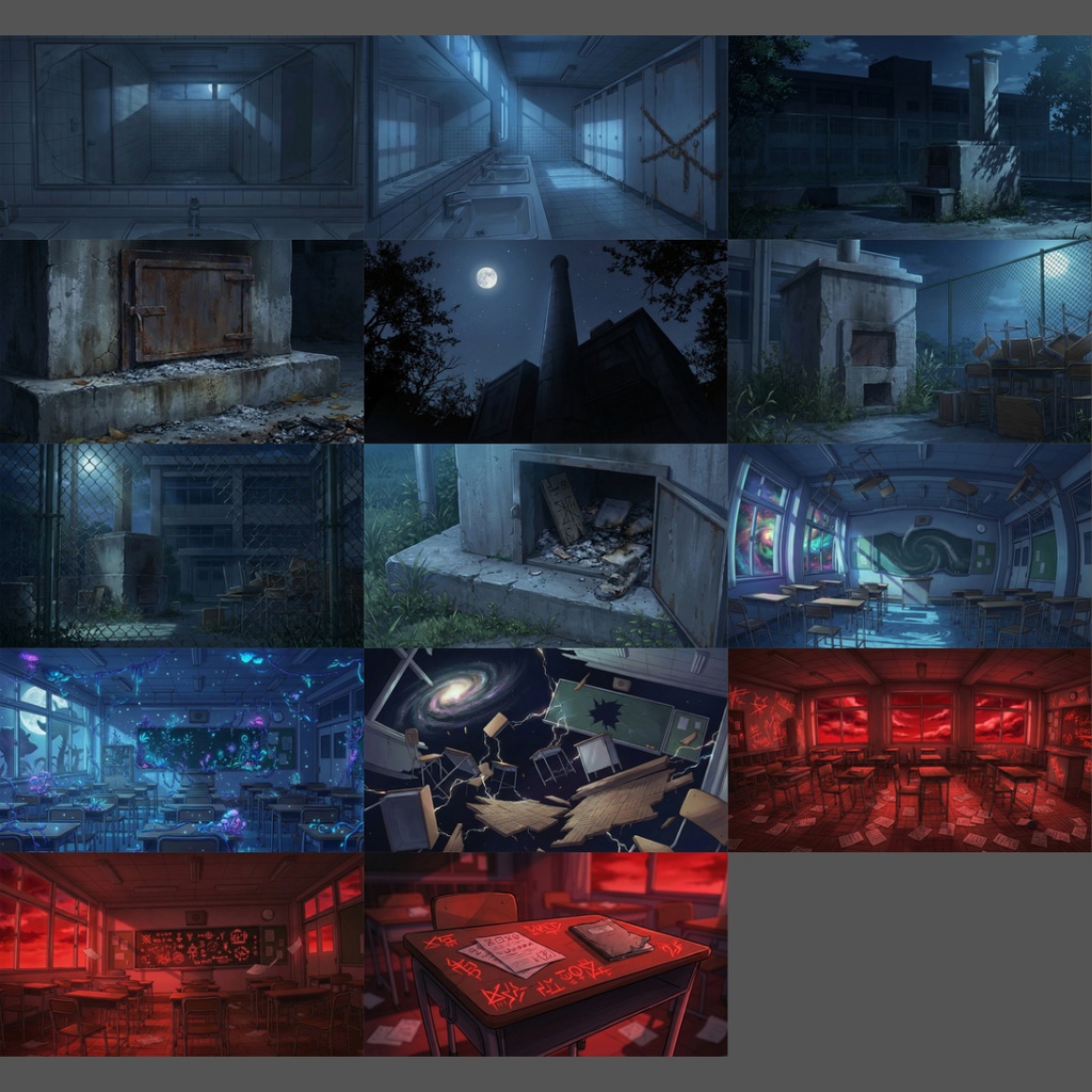 【背景素材】 深夜の学校 119枚|体育館・教室・教員室・廊下・理科室・美術室・音楽室・トイレetc(TRPG, マダミス, ココフォリア, ゲーム)