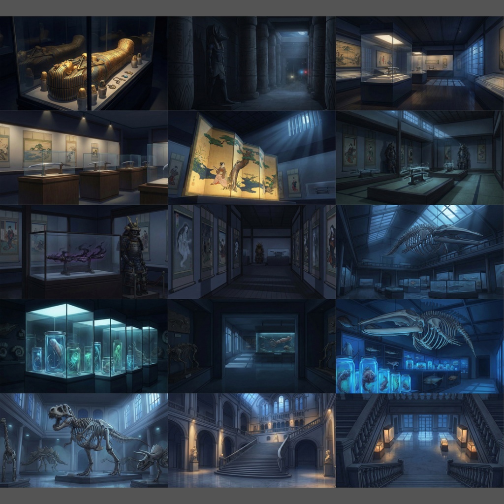 【背景素材】 夜の美術館・博物館 109枚|展示エリア・洋・美術・歴史・自然科学・カフェ・事件・異変・屋上etc(TRPG, マダミス, ココフォリア, ゲーム)