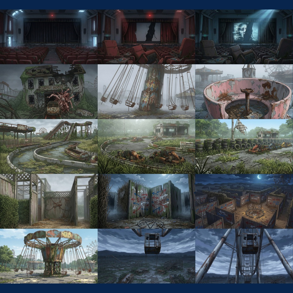 【背景素材】 閉鎖された遊園地 96枚|広場・お土産・異変・屋外・屋内アトラクション・裏方エリアetc(TRPG, マダミス, ココフォリア, ゲーム)