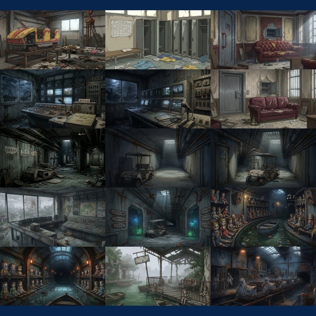 【背景素材】 閉鎖された遊園地 96枚|広場・お土産・異変・屋外・屋内アトラクション・裏方エリアetc(TRPG, マダミス, ココフォリア, ゲーム)