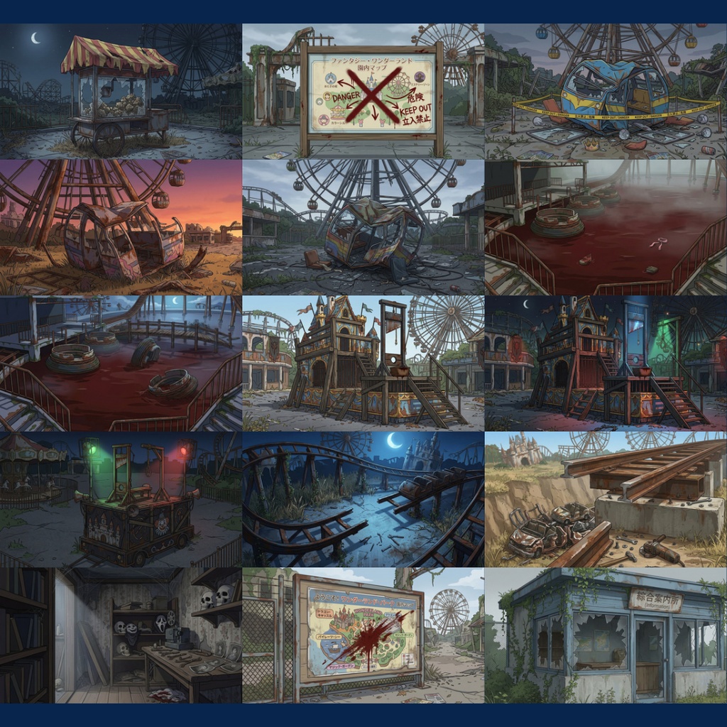 【背景素材】 閉鎖された遊園地 96枚|広場・お土産・異変・屋外・屋内アトラクション・裏方エリアetc(TRPG, マダミス, ココフォリア, ゲーム)