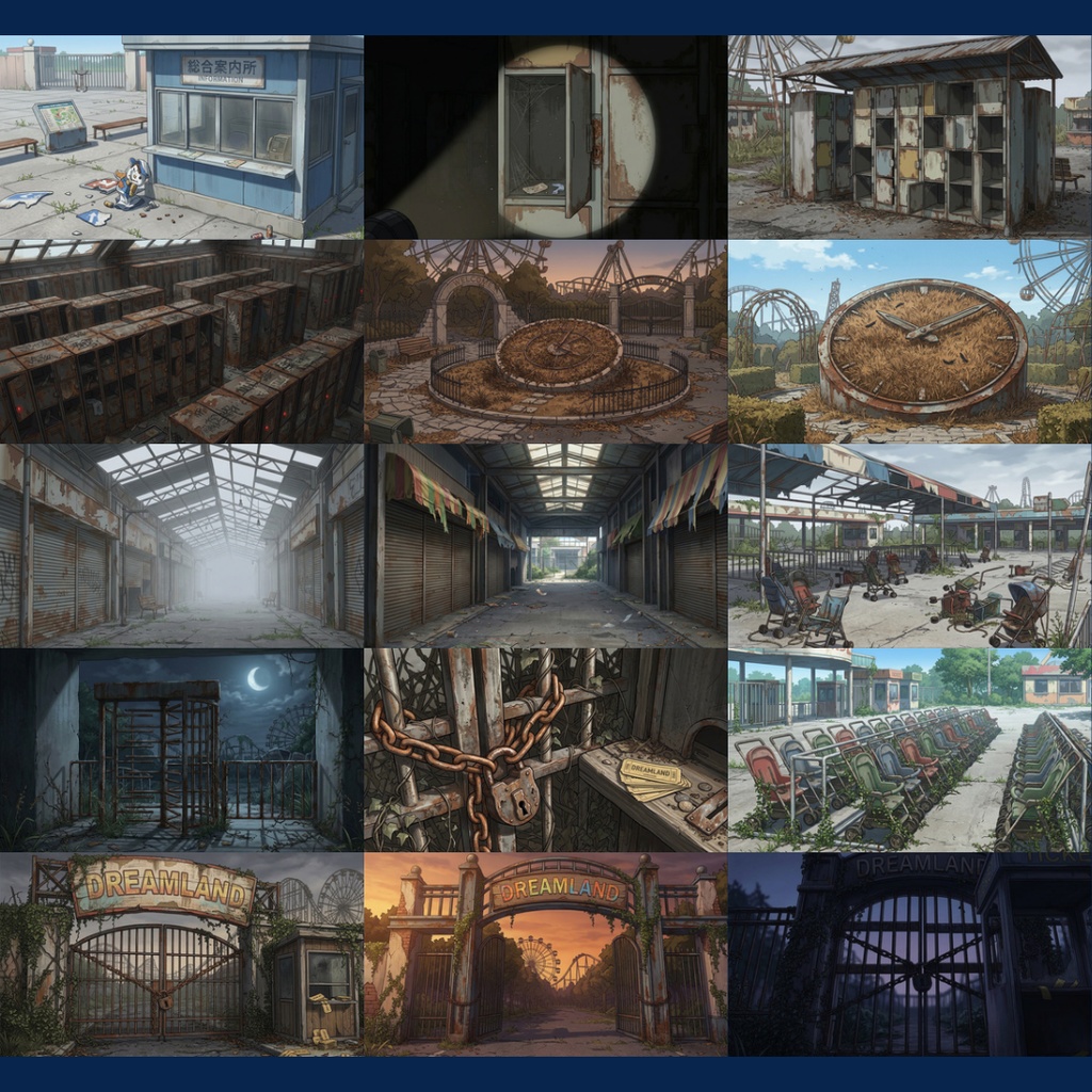【背景素材】 閉鎖された遊園地 96枚|広場・お土産・異変・屋外・屋内アトラクション・裏方エリアetc(TRPG, マダミス, ココフォリア, ゲーム)