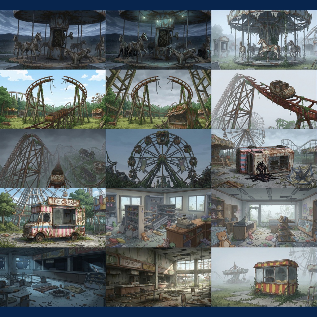 【背景素材】 閉鎖された遊園地 96枚|広場・お土産・異変・屋外・屋内アトラクション・裏方エリアetc(TRPG, マダミス, ココフォリア, ゲーム)