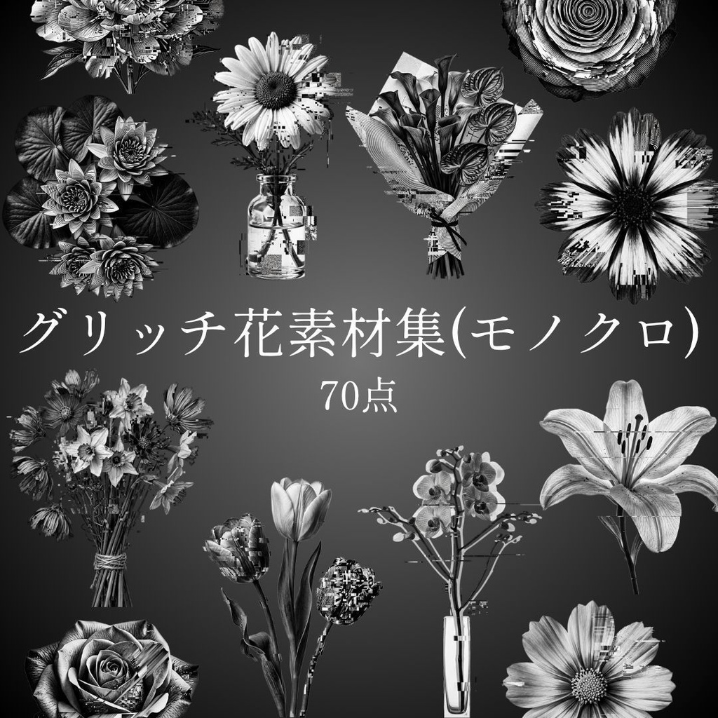 【透過70点】グリッチ花素材集（モノクロ）[写実風]｜（ココフォリア/TRPG/装飾）