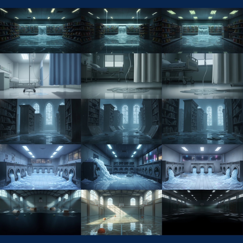 【背景素材】 異界化する日常|水没 144枚|電車内・図書館・自室・コンビニ・地下鉄・コインランドリー・エレベーター・病室・オフィス・路地裏etc(TRPG, マダミス, ココフォリア, ゲーム)