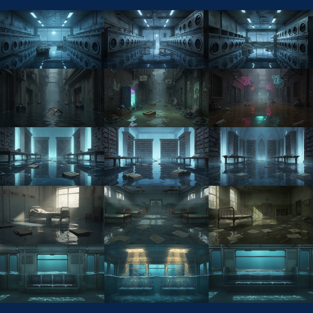 【背景素材】 異界化する日常|水没 144枚|電車内・図書館・自室・コンビニ・地下鉄・コインランドリー・エレベーター・病室・オフィス・路地裏etc(TRPG, マダミス, ココフォリア, ゲーム)