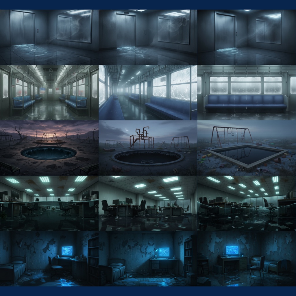 【背景素材】 異界化する日常|水没 144枚|電車内・図書館・自室・コンビニ・地下鉄・コインランドリー・エレベーター・病室・オフィス・路地裏etc(TRPG, マダミス, ココフォリア, ゲーム)