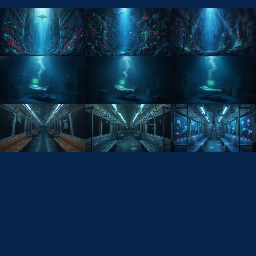 【背景素材】 異界化する日常|水没 144枚|電車内・図書館・自室・コンビニ・地下鉄・コインランドリー・エレベーター・病室・オフィス・路地裏etc(TRPG, マダミス, ココフォリア, ゲーム)