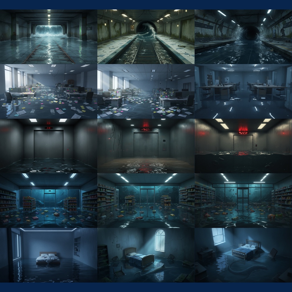 【背景素材】 異界化する日常|水没 144枚|電車内・図書館・自室・コンビニ・地下鉄・コインランドリー・エレベーター・病室・オフィス・路地裏etc(TRPG, マダミス, ココフォリア, ゲーム)