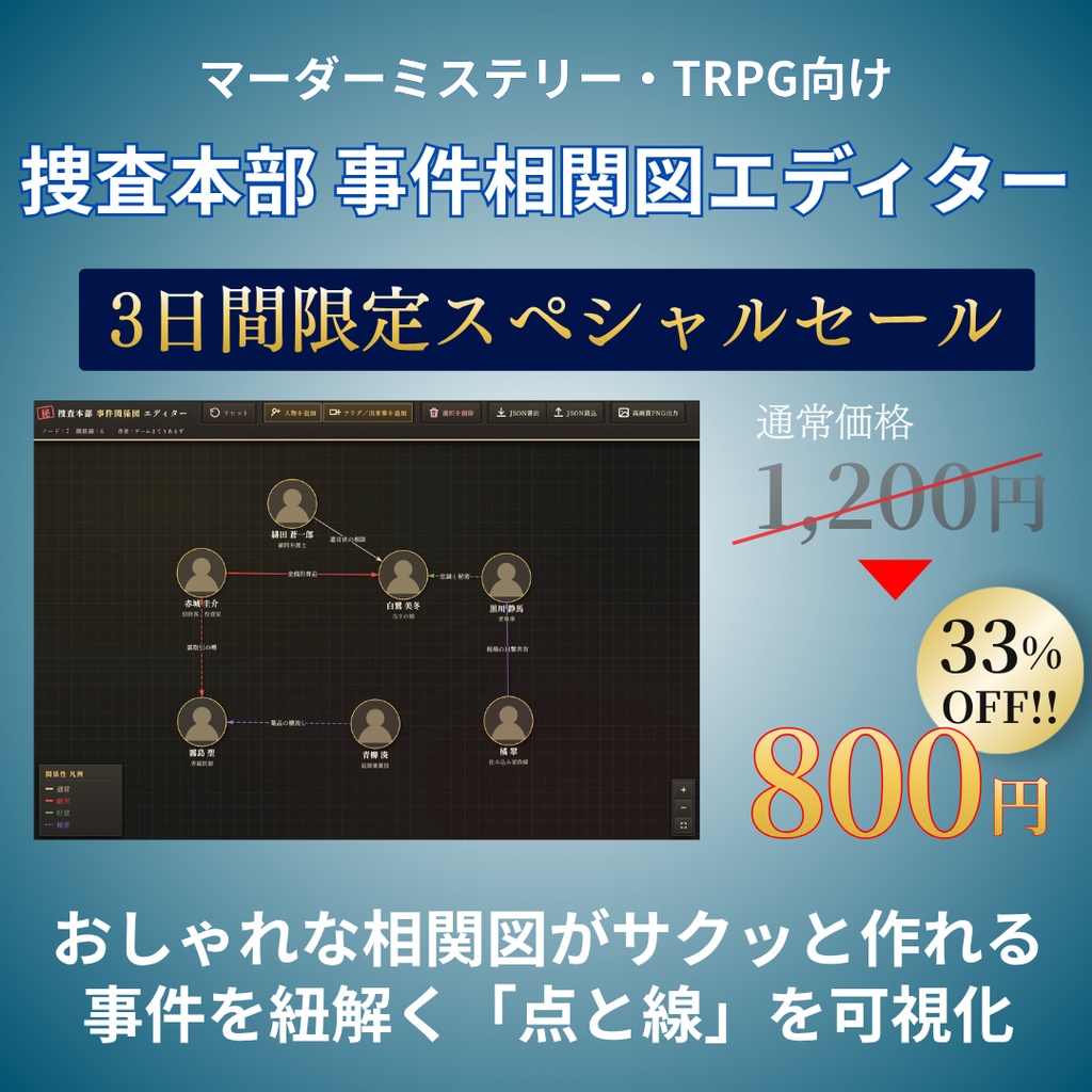 |3日間限定セール中!|【無料版あり】マーダーミステリー・TRPG向け 捜査本部 – 事件相関図エディター(Mac / Windows対応)