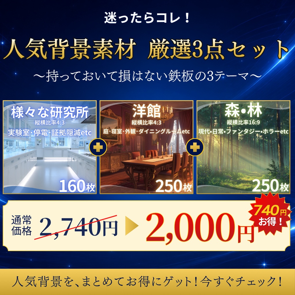 【お得なまとめ買い】人気背景素材 3点セットパック 660枚 (研究所 / 洋館 / 森・林)