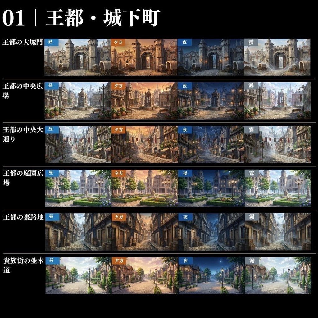 【背景素材】王道ファンタジー世界背景集 800枚|差分あり 王都•村•市場•教会•ダンジョンetc(TRPG, マダミス, ココフォリア, ゲーム)