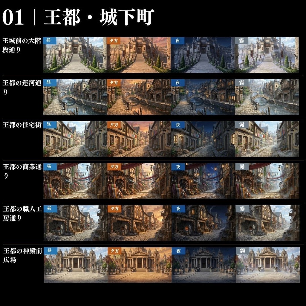 【背景素材】王道ファンタジー世界背景集 800枚|差分あり 王都•村•市場•教会•ダンジョンetc(TRPG, マダミス, ココフォリア, ゲーム)