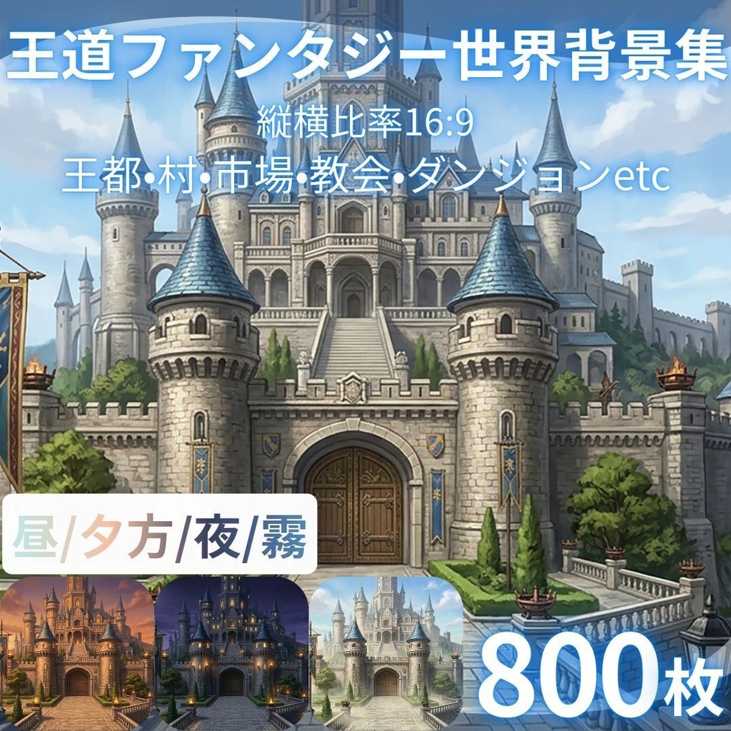 【背景素材】王道ファンタジー世界背景集 800枚｜差分あり 王都•村•市場•教会•ダンジョンetc（TRPG, マダミス, ココフォリア, ゲーム）
