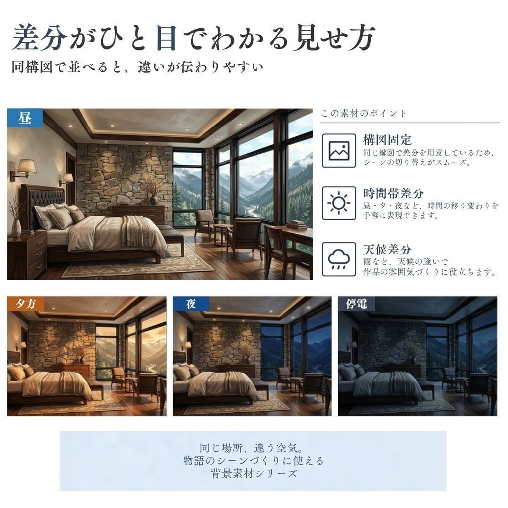 【背景素材】クローズドサークル・宿泊施設 800枚|差分あり ホテル・コテージ・ヴィラ・旅館・客船・列車 etc.(TRPG, マダミス, ココフォリア, ゲーム)