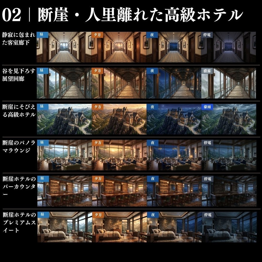 【背景素材】クローズドサークル・宿泊施設 800枚|差分あり ホテル・コテージ・ヴィラ・旅館・客船・列車 etc.(TRPG, マダミス, ココフォリア, ゲーム)