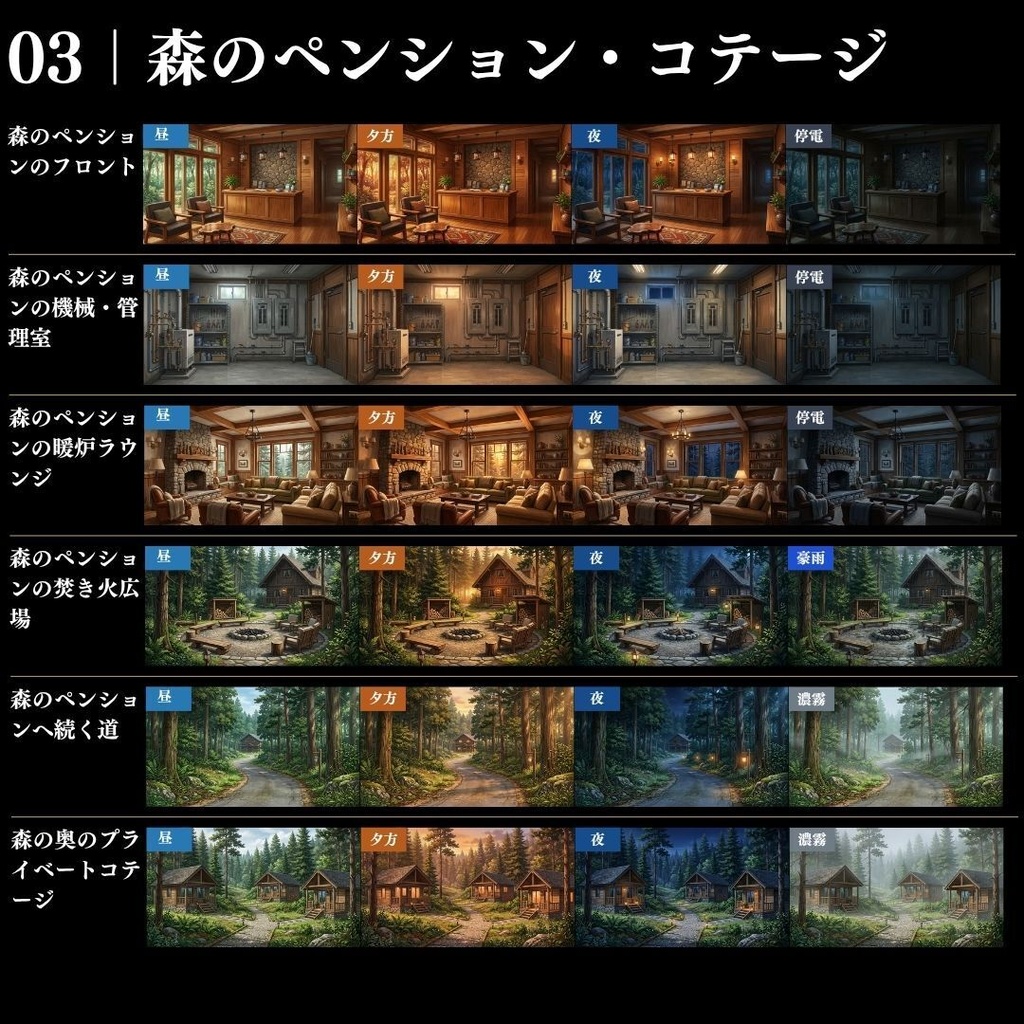 【背景素材】クローズドサークル・宿泊施設 800枚|差分あり ホテル・コテージ・ヴィラ・旅館・客船・列車 etc.(TRPG, マダミス, ココフォリア, ゲーム)