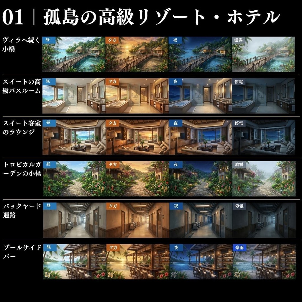 【背景素材】クローズドサークル・宿泊施設 800枚|差分あり ホテル・コテージ・ヴィラ・旅館・客船・列車 etc.(TRPG, マダミス, ココフォリア, ゲーム)