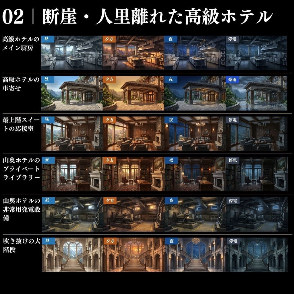 【背景素材】クローズドサークル・宿泊施設 800枚|差分あり ホテル・コテージ・ヴィラ・旅館・客船・列車 etc.(TRPG, マダミス, ココフォリア, ゲーム)