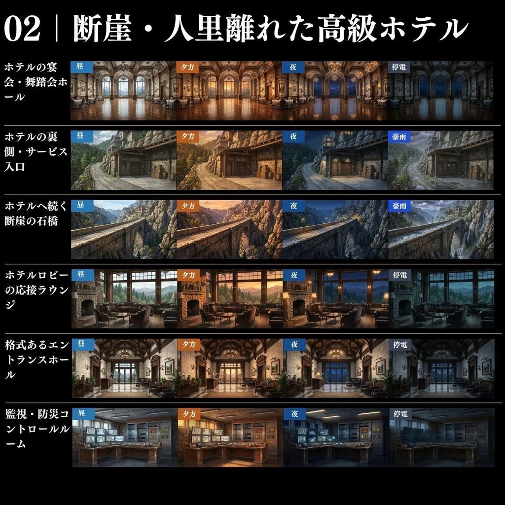 【背景素材】クローズドサークル・宿泊施設 800枚|差分あり ホテル・コテージ・ヴィラ・旅館・客船・列車 etc.(TRPG, マダミス, ココフォリア, ゲーム)