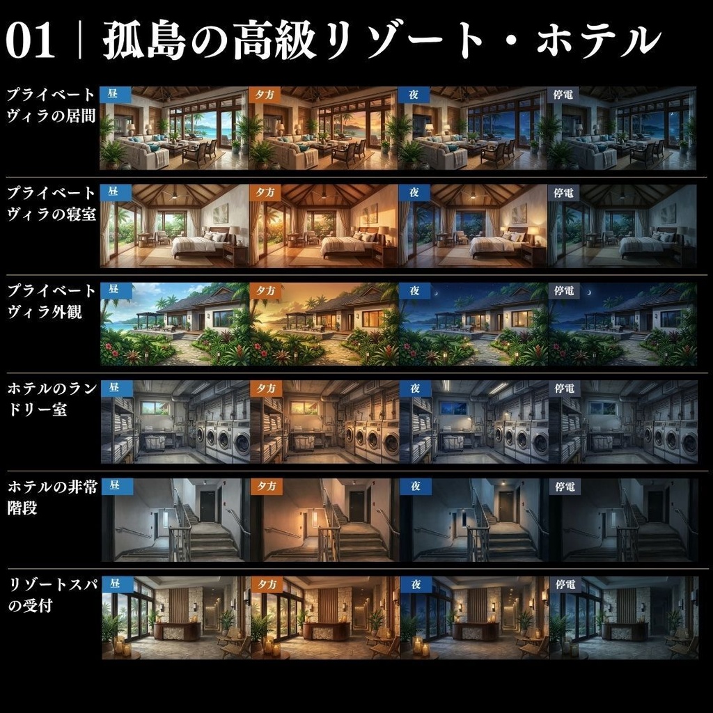 【背景素材】クローズドサークル・宿泊施設 800枚|差分あり ホテル・コテージ・ヴィラ・旅館・客船・列車 etc.(TRPG, マダミス, ココフォリア, ゲーム)