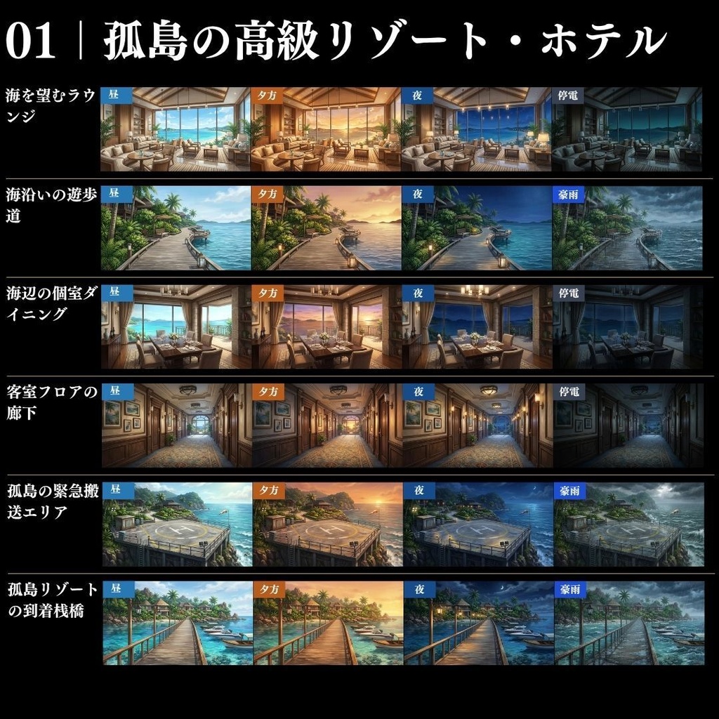 【背景素材】クローズドサークル・宿泊施設 800枚|差分あり ホテル・コテージ・ヴィラ・旅館・客船・列車 etc.(TRPG, マダミス, ココフォリア, ゲーム)