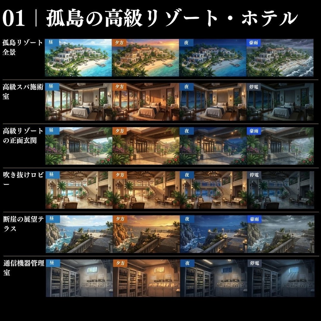 【背景素材】クローズドサークル・宿泊施設 800枚|差分あり ホテル・コテージ・ヴィラ・旅館・客船・列車 etc.(TRPG, マダミス, ココフォリア, ゲーム)