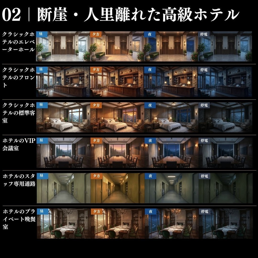 【背景素材】クローズドサークル・宿泊施設 800枚|差分あり ホテル・コテージ・ヴィラ・旅館・客船・列車 etc.(TRPG, マダミス, ココフォリア, ゲーム)