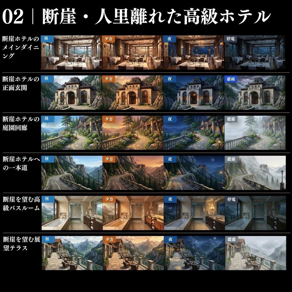 【背景素材】クローズドサークル・宿泊施設 800枚|差分あり ホテル・コテージ・ヴィラ・旅館・客船・列車 etc.(TRPG, マダミス, ココフォリア, ゲーム)
