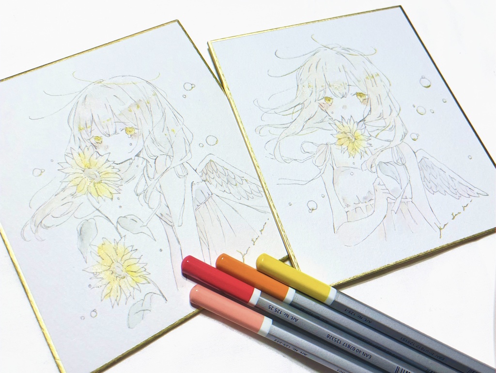 ミニ色紙原画ひまわりと天使