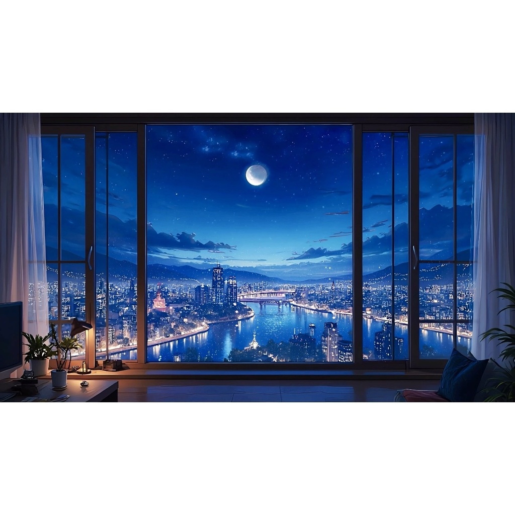 月と水辺の夜景動画素材