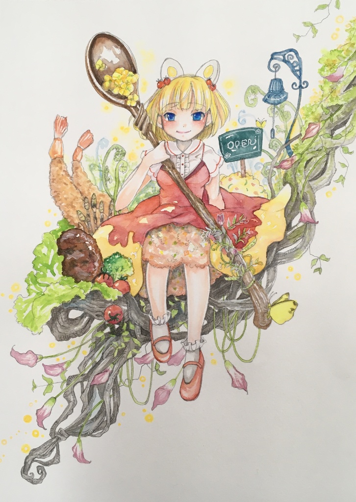 手描きイラスト オリジナルキャラクター 里山カフェ ワンプレート オムライス 原画 Secondwind Booth