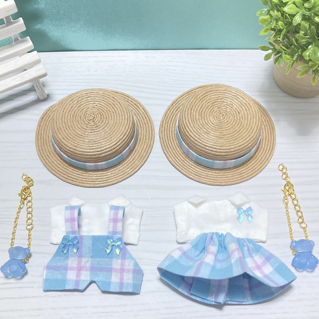 【新作】カンカン帽ブルーコーデ　4点セット　10cm ぬいぐるみ服
