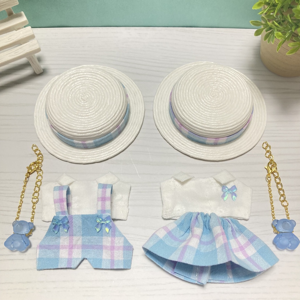 【新作】カンカン帽ブルーコーデ 4点セット 10cm ぬいぐるみ服
