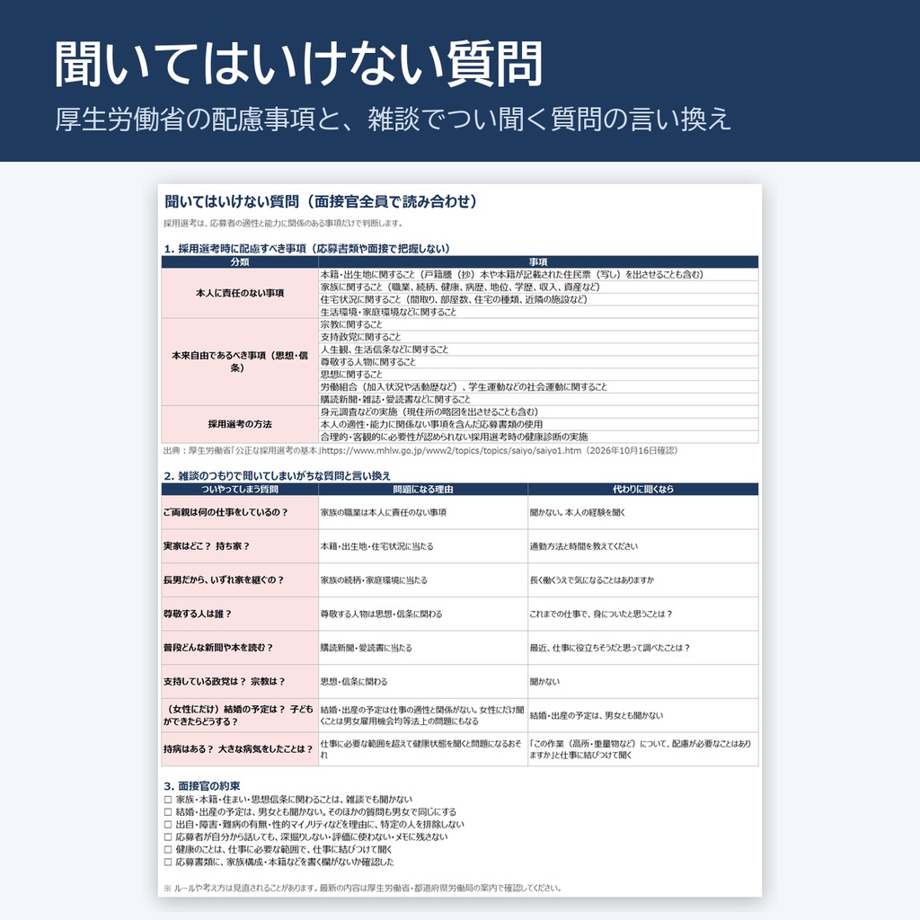 建設業向け 面接シート(質問集27問・評価シート・NG質問一覧/Excel)
