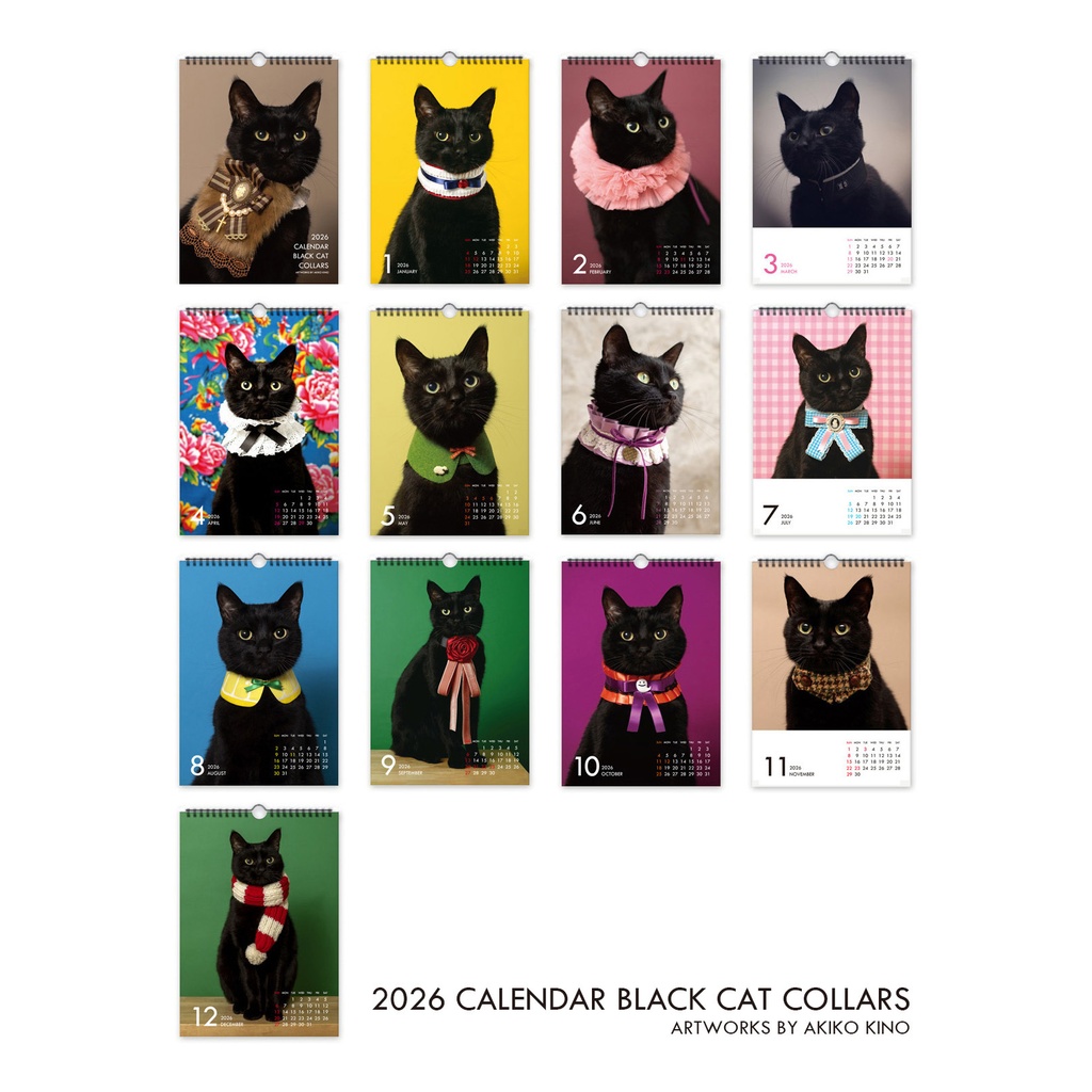 「2026年 黒猫と首輪」 壁掛けカレンダー